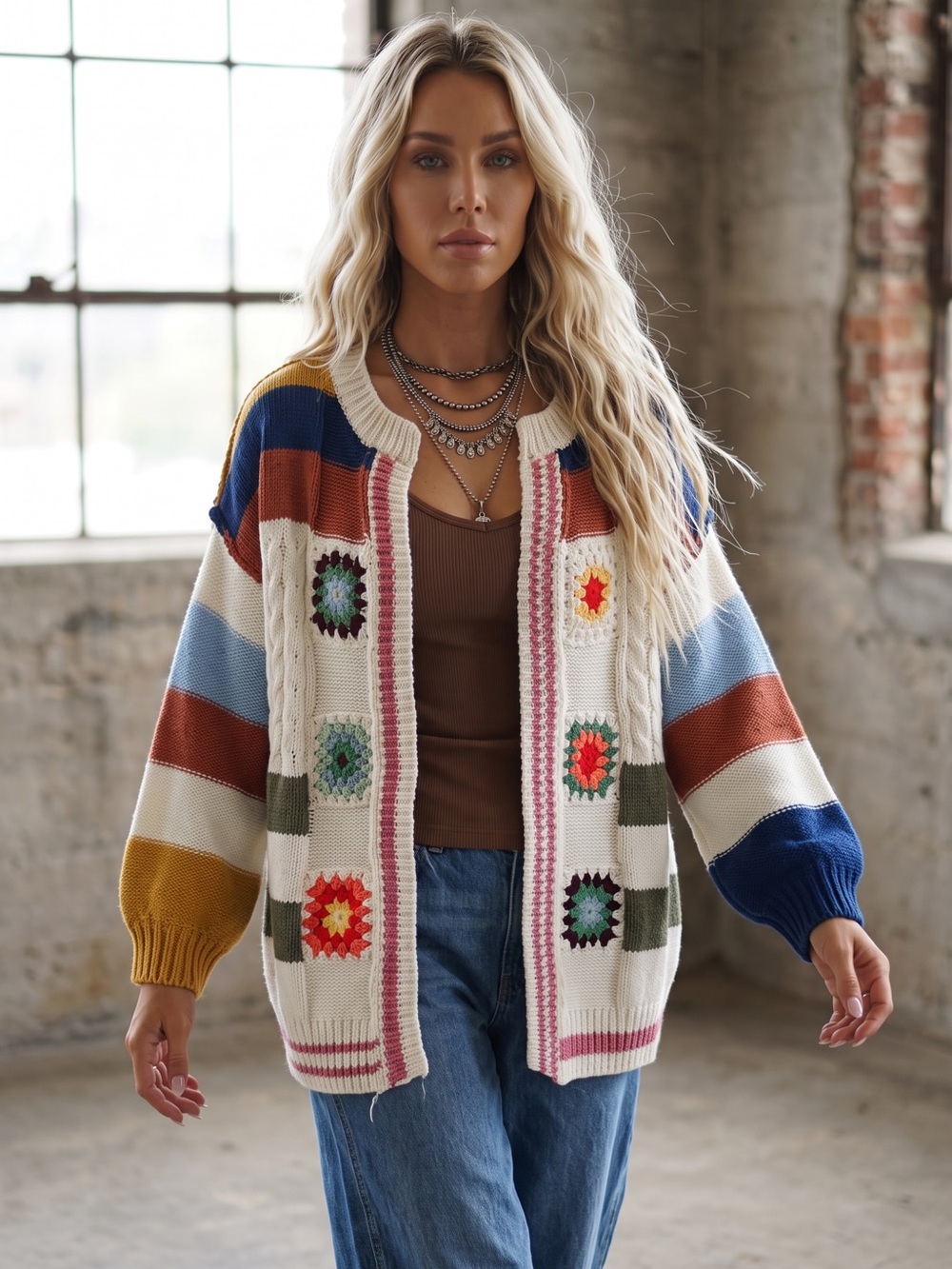 NWT POL Granny Tile Crochet Handmade Stripe Chenille Cardigan Sweater - Picture 6 of 16